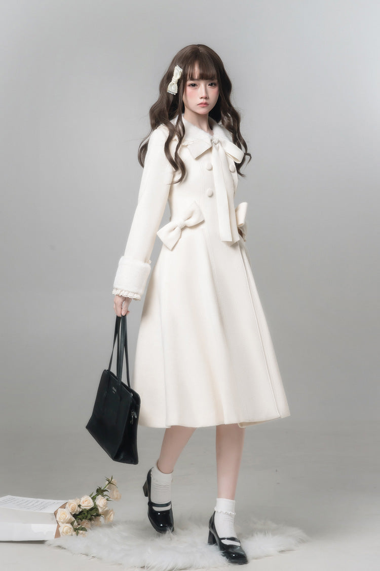 White [First Snow] Doll Collar Long Sleeves Bow Sweet Lolita Coat