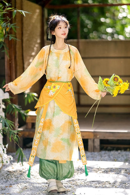 Yellow/Green Round Collar Long Sleeves Print Women's Sweet Hanfu Pants Full Set