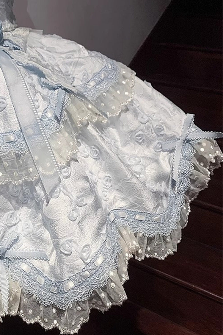 Blue [Floral Overture] Double-Layered Ruffle Embroidery Bowknot Lace Sweet Lolita Jsk Dress