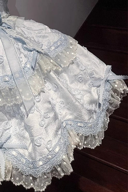 Blue [Floral Overture] Double-Layered Ruffle Embroidery Bowknot Lace Sweet Lolita Jsk Dress