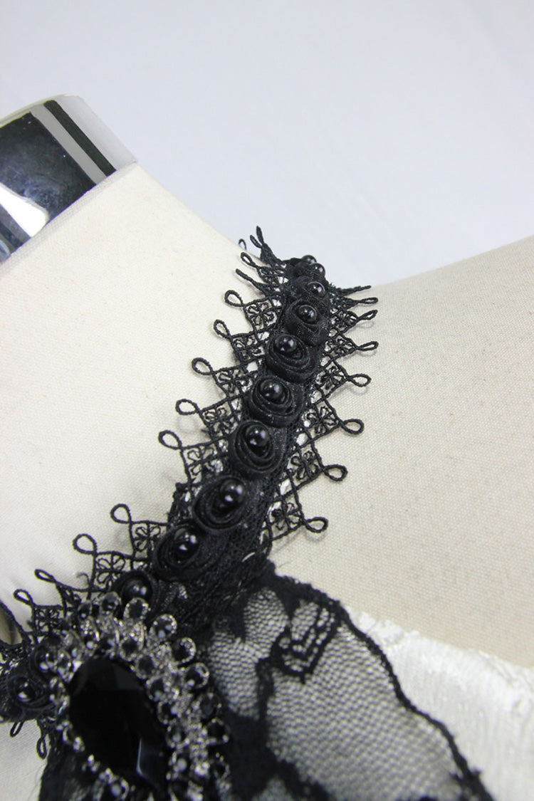 White Lace Jacquard Jewel Pins Men's Gothic Tie