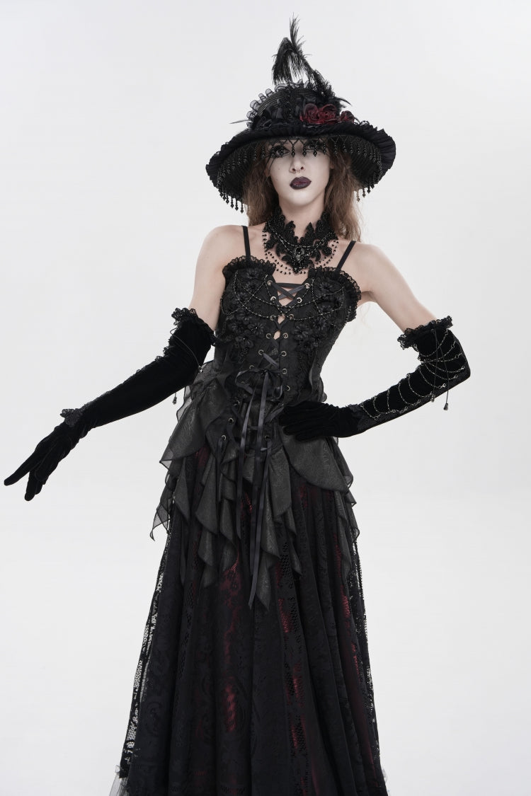 Black Ruffled Lace Lace-Up Slim Women's Gothic Overbust Corset
