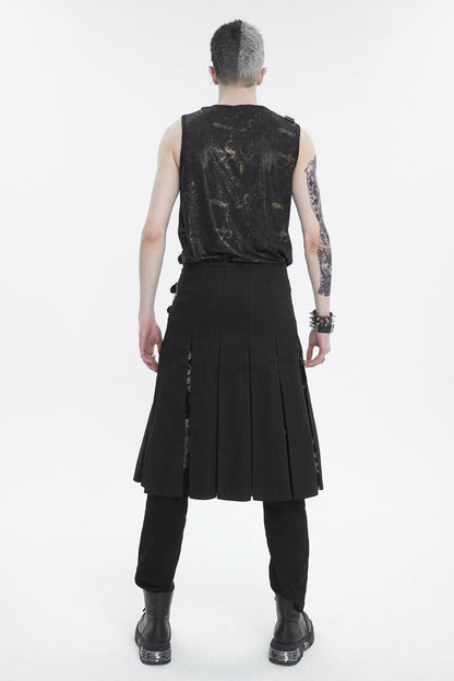 Black Tie-Dye Patchwork With Waist Bag Men's Gothic Skirt
