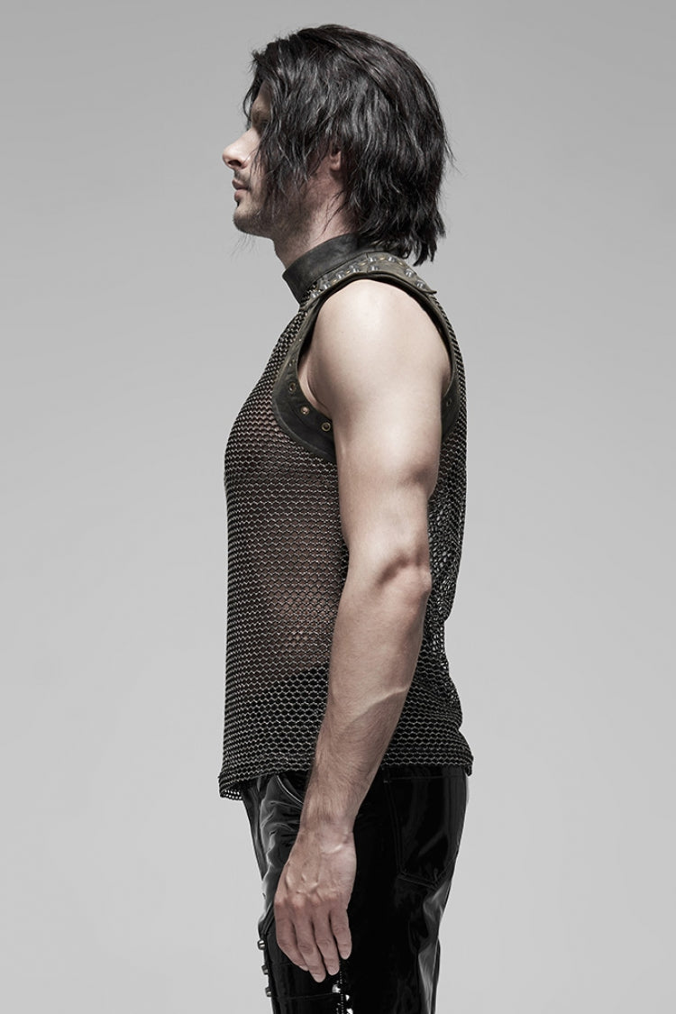 High Collar Sleeveless Rivet Decoration Sheer Mesh Men's Steampunk Vest 2 Colors