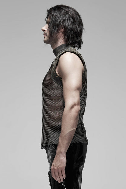 High Collar Sleeveless Rivet Decoration Sheer Mesh Men's Steampunk Vest 2 Colors