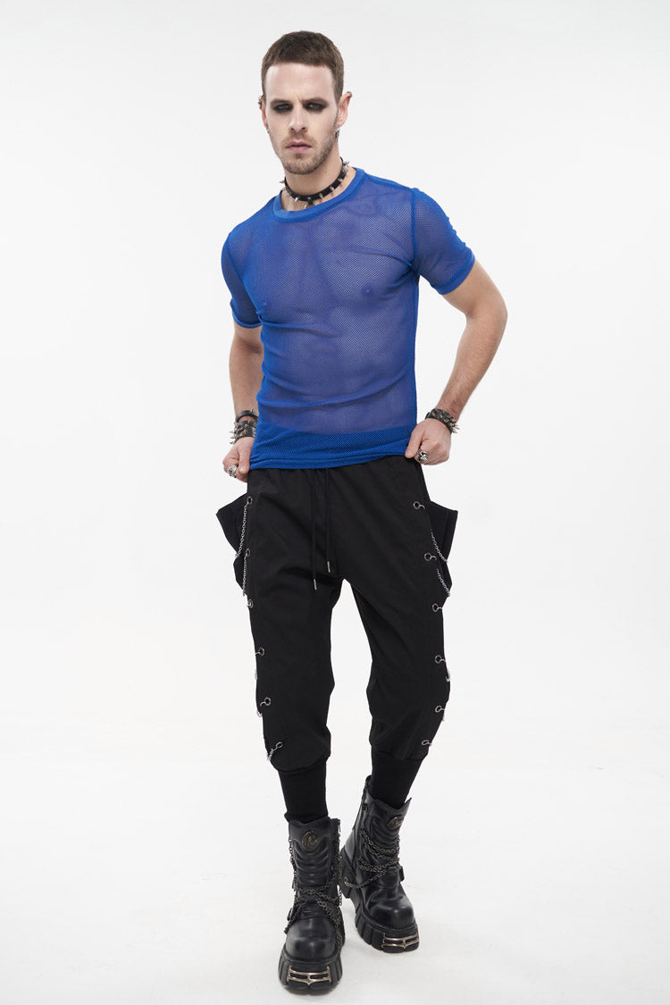 Blue Crew Neck Diamond-Shaped Net Short Sleeve Men's Gothic T-Shirt