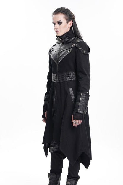 Black Stand Collar Eyelets Buckle-up Ring Long Sleeves Stitching Men's Gothic Coat