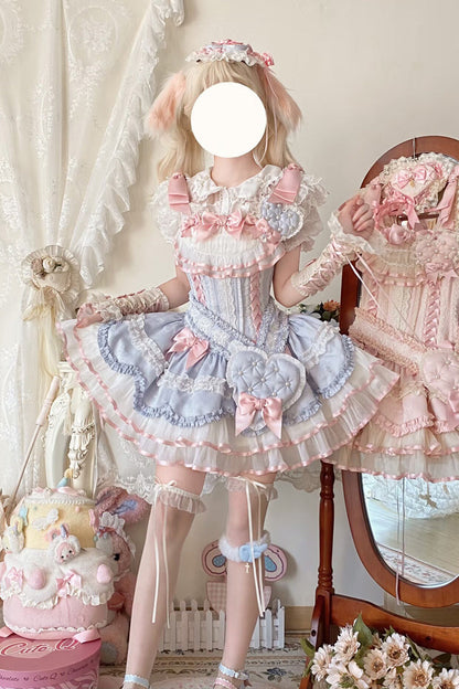 Blue Triple-Layered Ruffled Bow Lace-Up Slim Ballet Sweet Lolita Dress