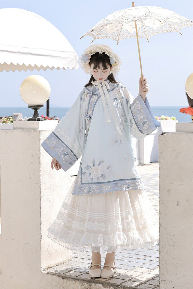 Blue [Flower Room] Stand Collar Long Sleeves High Waisted Printed Embroidered Women's Sweet Classic Hanfu Dress Set