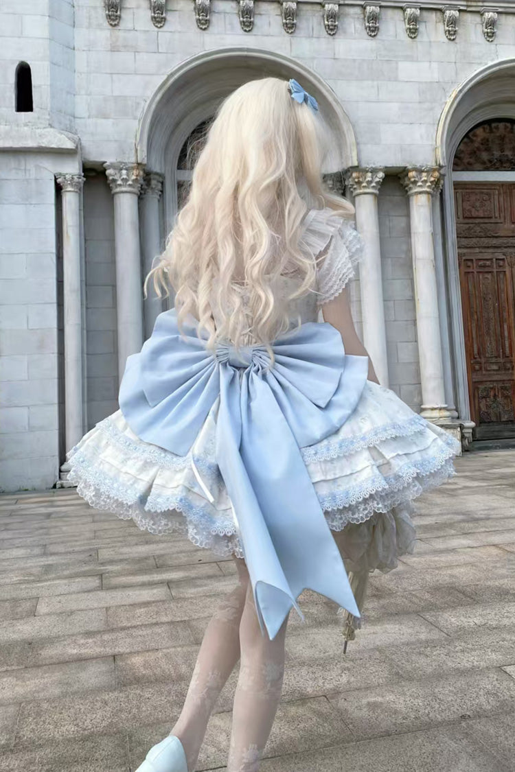Blue [First Love Rose] Multi-Layered Print Ruffle Bowknot Lace Sweet Lolita Jsk Dress Set