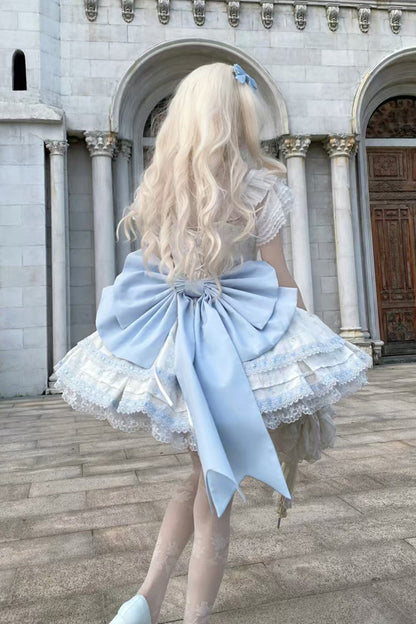 Blue [First Love Rose] Multi-Layered Print Ruffle Bowknot Lace Sweet Lolita Jsk Dress Set