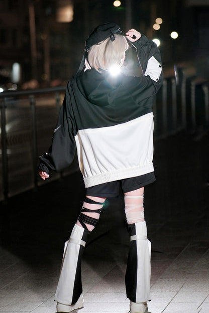 Black/White [Zero-Type Transformation] Techwear Long Sleeves Embroidered Hooded Punk Jirai Kei Shorts Coat Set