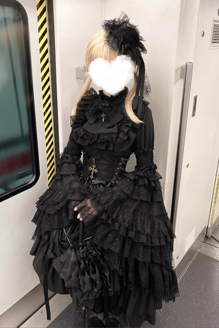 Black [Eternal Taboo] Long Hime Sleeves Ruffled Bow Gothic Lolita Skirt Dress Set
