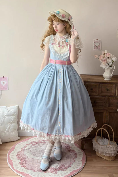 Blue [Sakura’s Spring Resonance] Sleeveless Ruffled Bow Sweet Lolita Jsk Dress (Long Version)