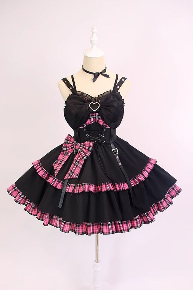 Black/Pink Plaid Print Color Contrast Leather Buckle Bowknot Ruffle Gothic Lolita JSK Dress