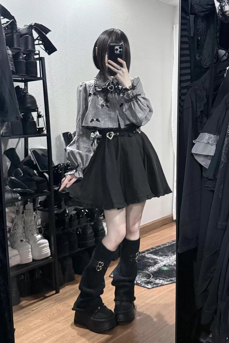 Black/Grey Long Sleeves Ruffled Double Heart Buckle Japanese Jirai Kei Set