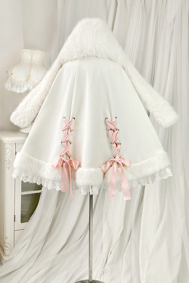 Ivory Cloud-Like Plush Bunny Ear Embroidered Bow Lace Sweet Lolita Cape Coat