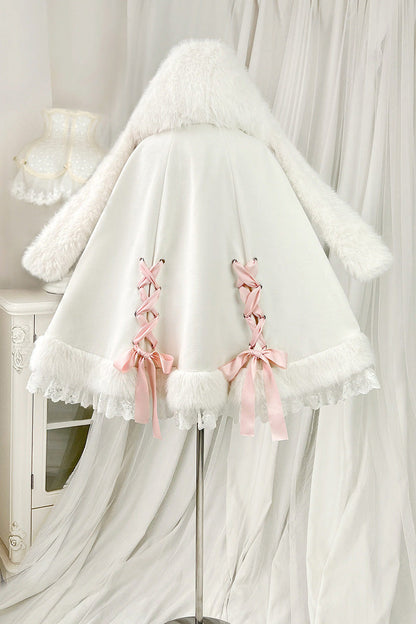 Ivory Cloud-Like Plush Bunny Ear Embroidered Bow Lace Sweet Lolita Cape Coat