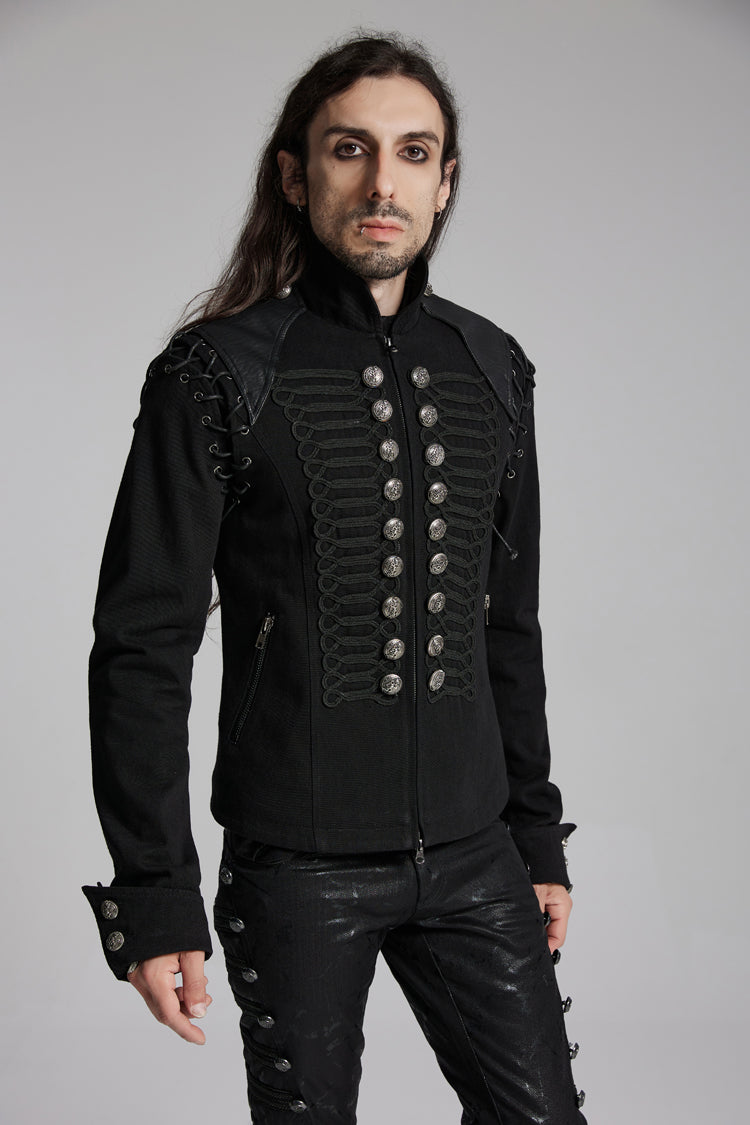 Black/Silver Stand Collar Long Sleeves Lace-Up Buttons Men's Punk Jacket