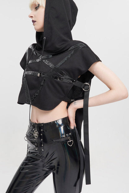 Black Short Front Long Back Stitched Shiny Leather Inverted Pentagram Shape Hoodie Short Sleeve Women's Punk T-Shirt