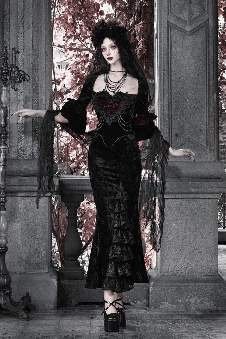 Black [Castle of Dark Romance] Square Collar Short Sleeves Multi-Layered Ruffled Embroidered Open-Front Lace Gothic Lolita Mermaid Dress