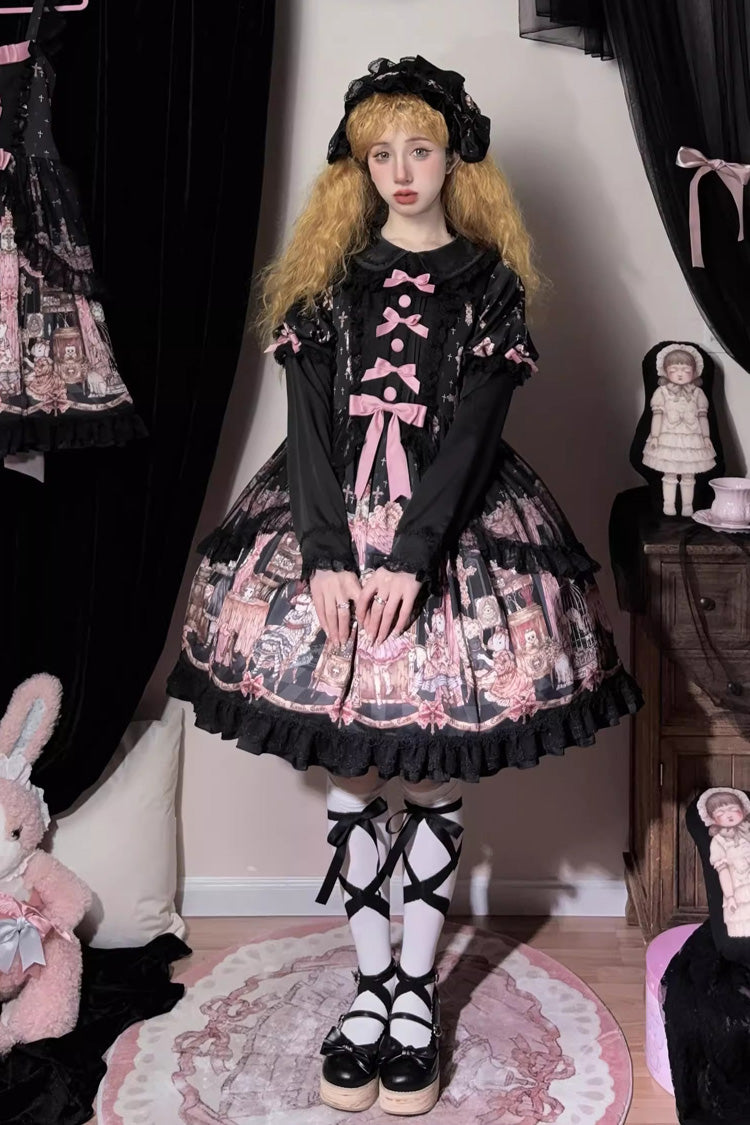 Black [The Case of the Missing Lamb] Print Long Sleeves Ruffle Bowknot Lace Gothic Lolita Dress