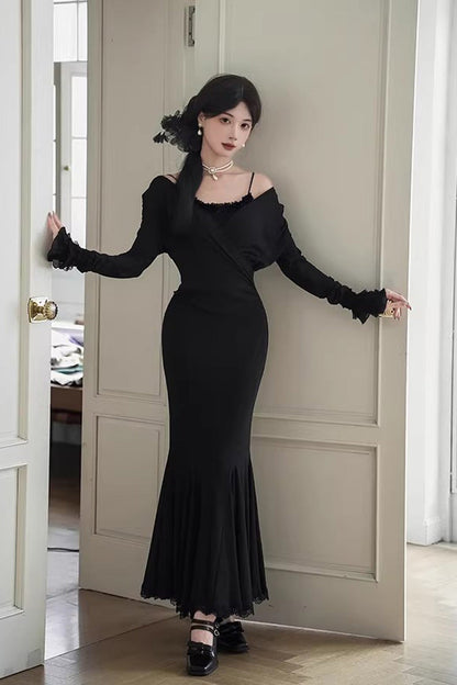 Black [Secret Crush] Long Sleeves Stretch Knit Slim Gothic Lolita Fishtail Dress