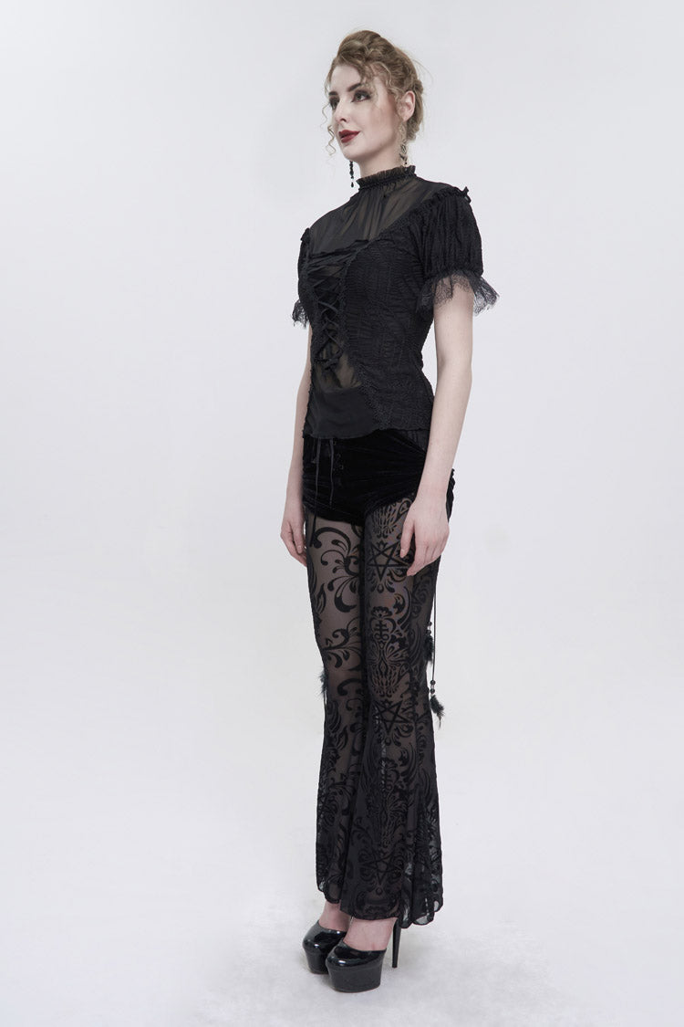 Black Wavy Stretch-Knit Fabric Adjustable Front Center Tether Short Sleeve Women's Gothic T-Shirt