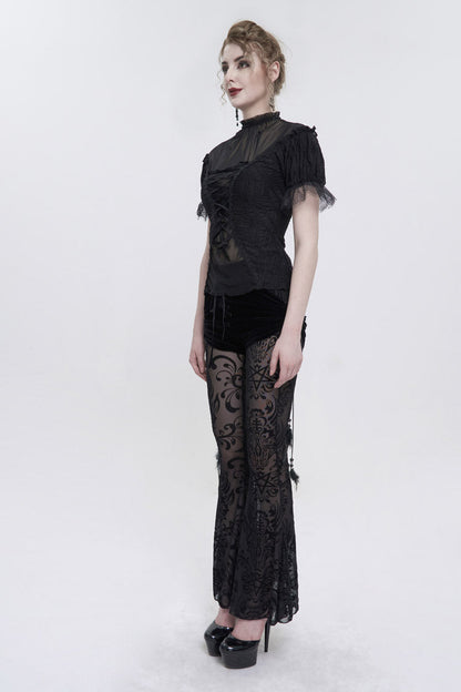 Black Wavy Stretch-Knit Fabric Adjustable Front Center Tether Short Sleeve Women's Gothic T-Shirt
