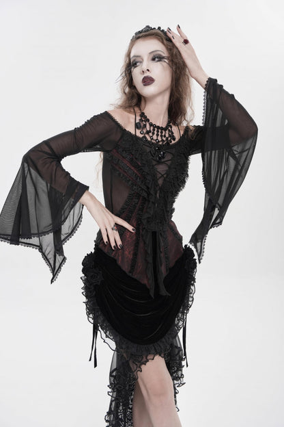 Black/Red Off Shoulder Long Trumpet Sleeves Ruffled Embroidered Lace-Up Women's Gothic Blouse