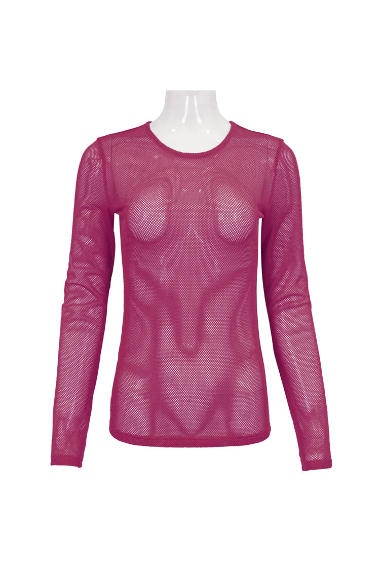 Red Elasticity High Neck Long Sleeve Mesh Women's Gothic T-Shirt