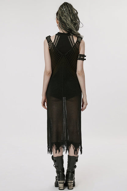 Black V Collar Knitted Hollow Mesh Women's Gothic Dress