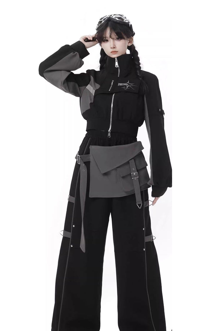 Black [Holographic Cruise] Techwear Long Sleeves Spliced Zippered Gothic Jirai Kei Pants and Short Coat Set