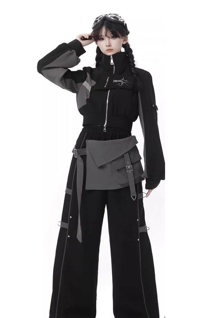Black [Holographic Cruise] Techwear Long Sleeves Spliced Zippered Gothic Jirai Kei Pants and Short Coat Set