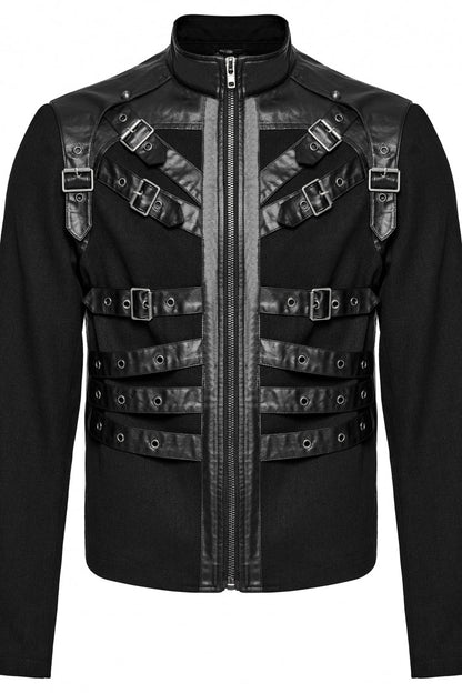 Black Round Collar Multi-Buckles Straps Faux Leather Men's Punk Jacket