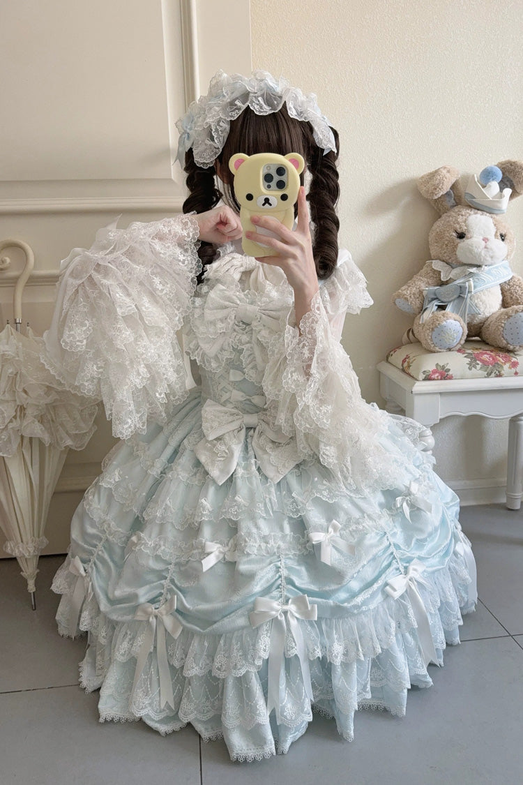 Blue [Silk Satin Gift Box] Square Collar Sleeveless Multi-Layered Ruffled Bow Lace Sweet Lolita Jsk Dress