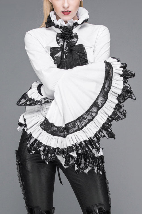 White VintageTrumpet Sleeves Back Bandage Womens Gothic Blouse