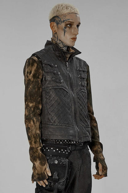 Twill Metal Skeleton Claw Zip Stand Collar Sleeveless Mens Steampunk Vest 2 Colors