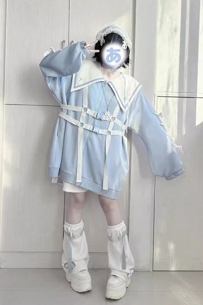 Sailor Collar Long Sleeves Cross Print Bowknot Sweet Jirai Kei Coat 3 Colors