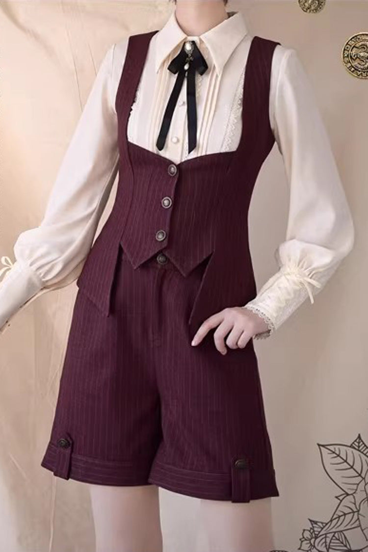 Red [Griffin’s Pact] Bust Support Striped Printed Gothic Ouji Lolita Shorts Vest Set