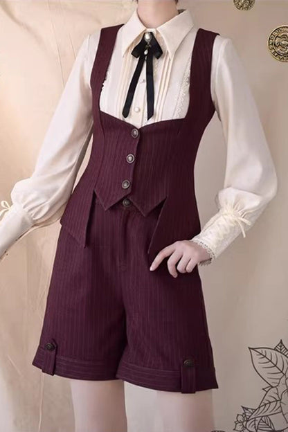 Red [Griffin’s Pact] Bust Support Striped Printed Gothic Ouji Lolita Shorts Vest Set