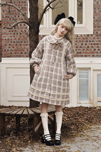 Light Brown Doll Collar Long Sleeves Multi-layer Print Bowknot Sweet College Style Lolita Dress Coat