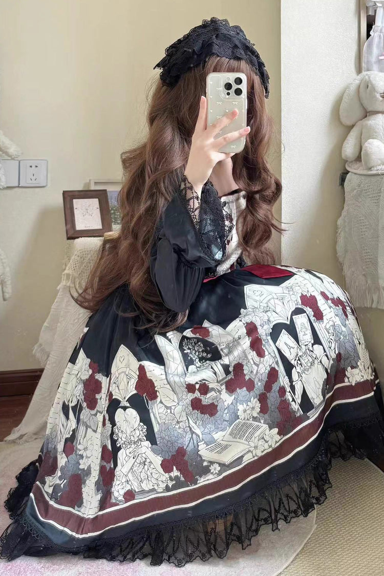 Black [Alice of the Asylum] Print Bowknot Lace Gothic Lolita Dress 2 Versions