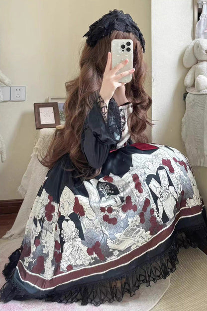 Black [Alice of the Asylum] Print Bowknot Lace Gothic Lolita Dress 2 Versions
