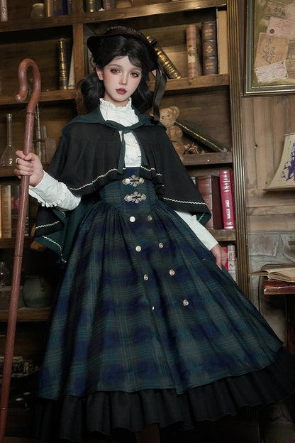 Blue/Green [Berlin's letter] Double-Layered Plaid Print Ruffle Bowknot Classic College Style Lolita Strap Dress Set 2 Versions