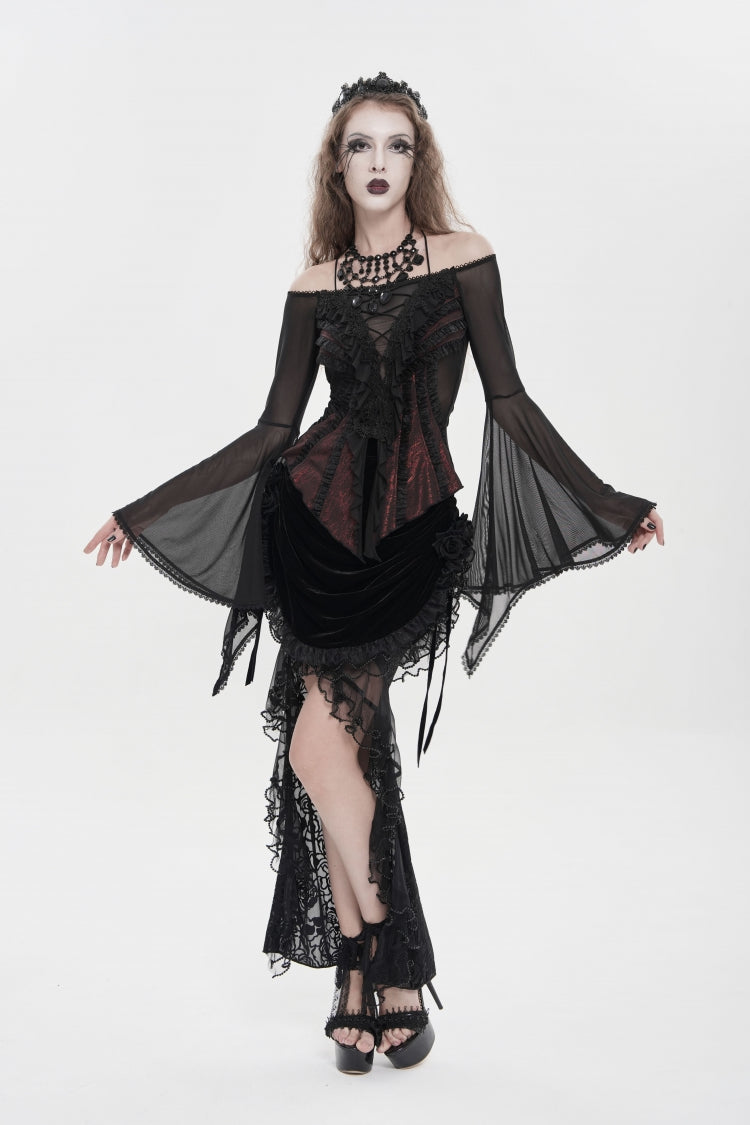 Black/Red Off Shoulder Long Trumpet Sleeves Ruffled Embroidered Lace-Up Women's Gothic Blouse