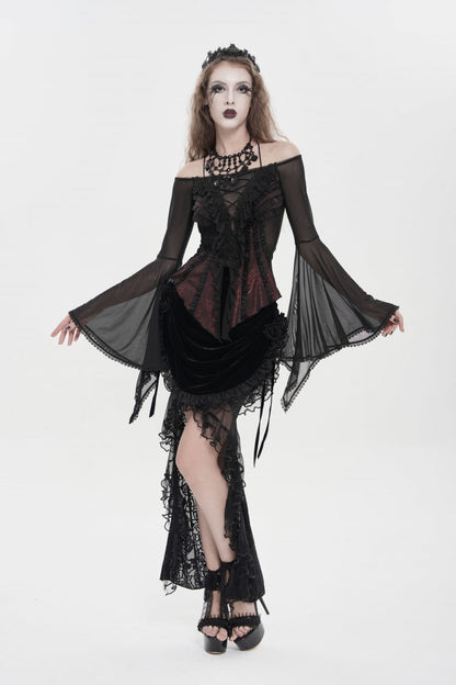 Black/Red Off Shoulder Long Trumpet Sleeves Ruffled Embroidered Lace-Up Women's Gothic Blouse