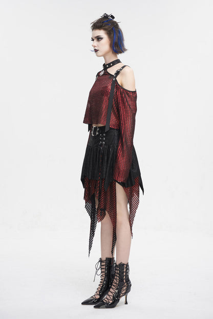 Red Off Shoulder Buckle Sheer Crop Women's Gothic Shirt