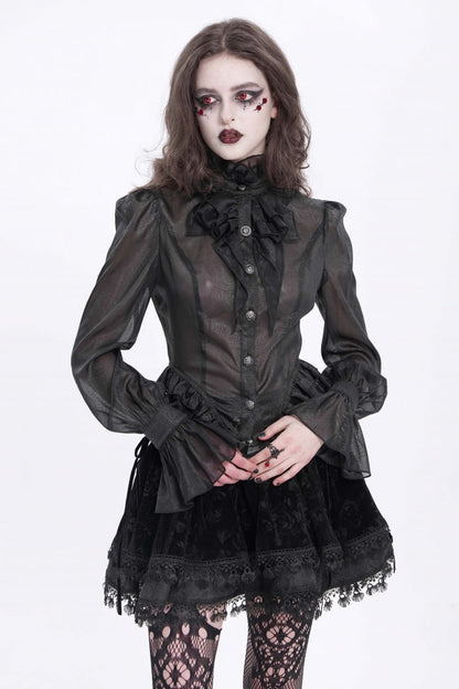 Black Stand Collar Ruffle Sheer Women's Swallow-tailed Gothic Blouse