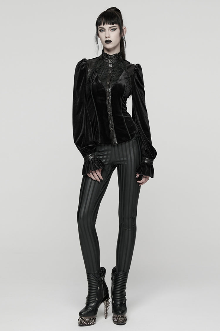 Black Stand Collar Long Puff Sleeves Stitching Lace-Up Women's Gothic Coat